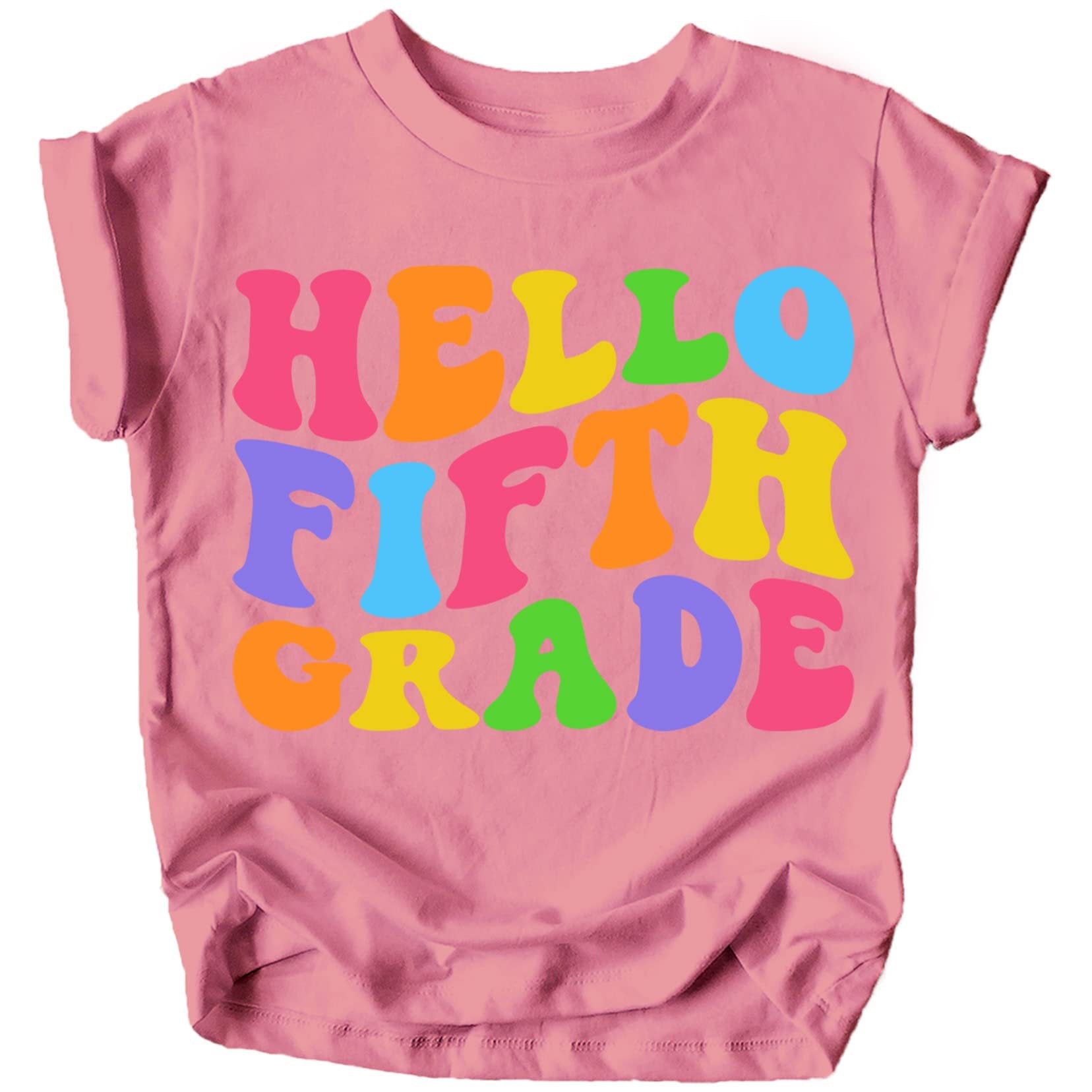 Close-up of wavy Hello 5th Grade print on soft kids graphic shirt