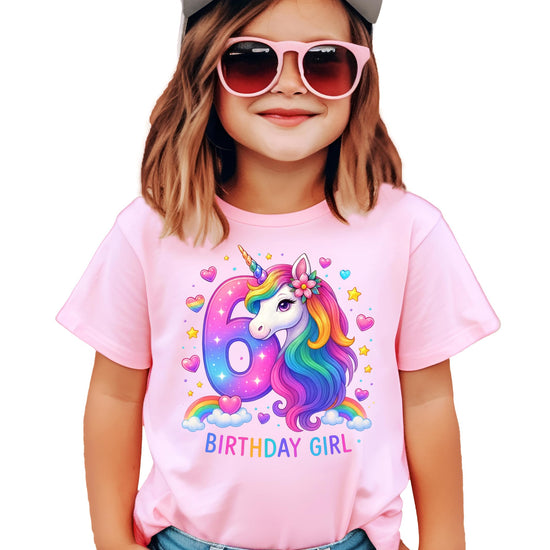 Girls 6th birthday unicorn graphic tee with rainbow unicorn design and sparkly ink-printed details