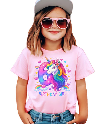 Girls 6th birthday unicorn graphic tee with rainbow unicorn design and sparkly ink-printed details