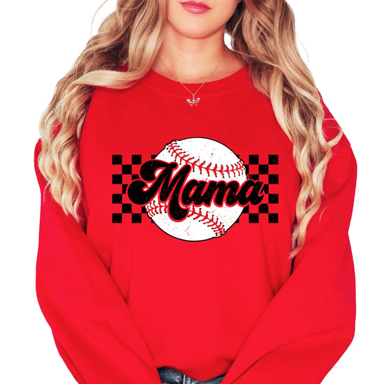 Side or lifestyle view of women's gray Baseball Mama checkered sweatshirt