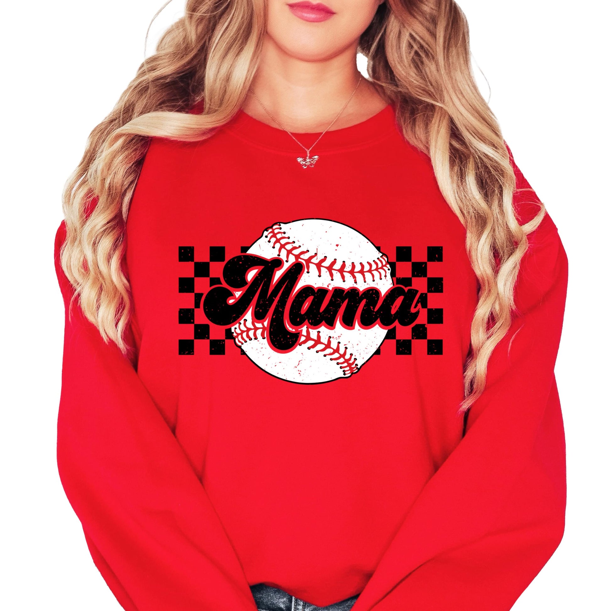 Side or lifestyle view of women's gray Baseball Mama checkered sweatshirt