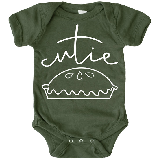 Cutie Pie baby onesie laid flat showing full design and snap closure