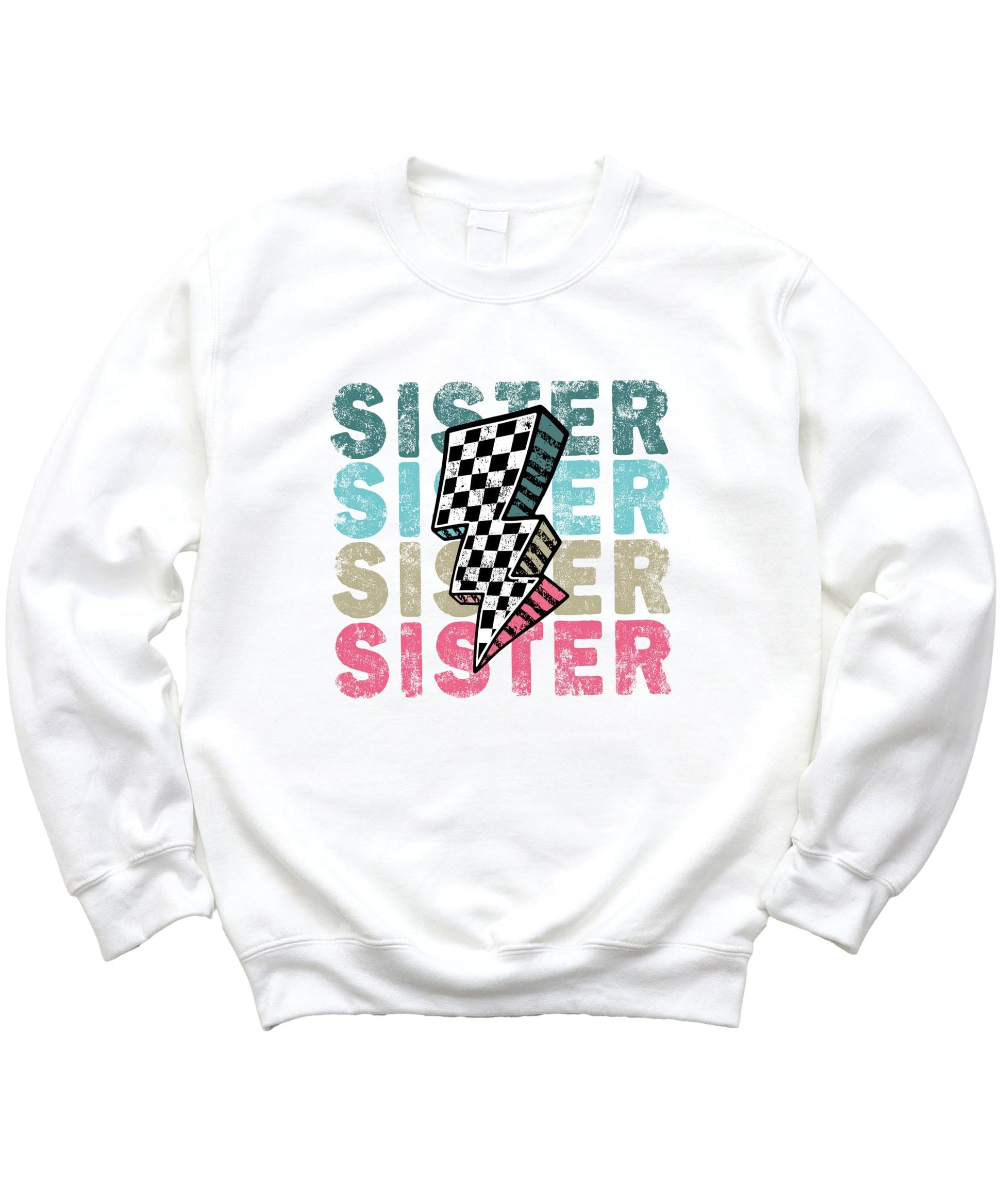 Detail shot of retro checkered lightning bolt centerpiece on girls colorful SISTER sweatshirt