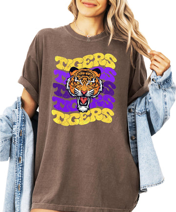Trendy Tigers Wavy Shirt for Women and Teens Purple & Yellow Sports Tee Ivory Shirt Adult Small