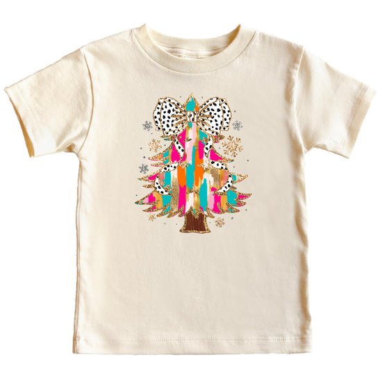 Front view of festive Christmas tree Dalmatian bow graphic tee in pink for women and girls