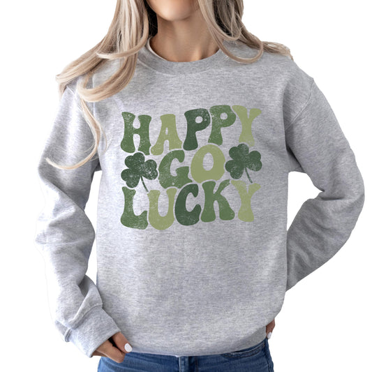 Close-up of retro distressed shamrock graphic on white Happy Go Lucky St. Patrick's Day sweatshirt