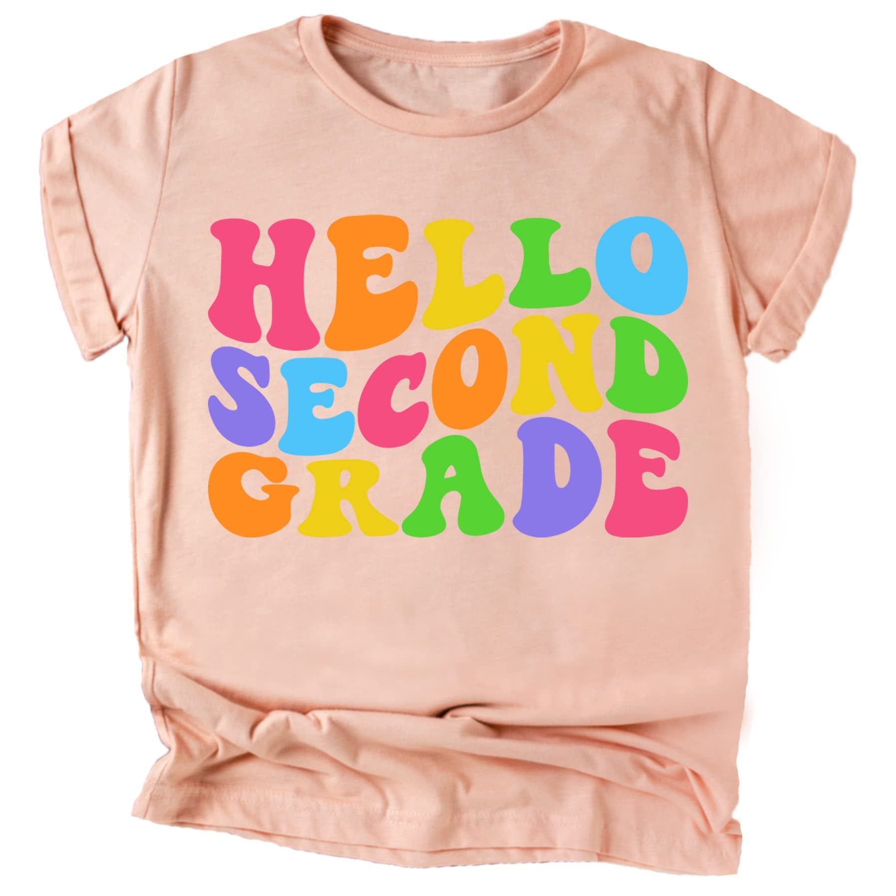 Close-up of wavy Hello 2nd Grade print on purple kids graphic tee