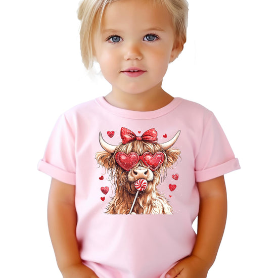 Detail shot of vibrant Highland cow and candy hearts print on girls' Valentine's tee