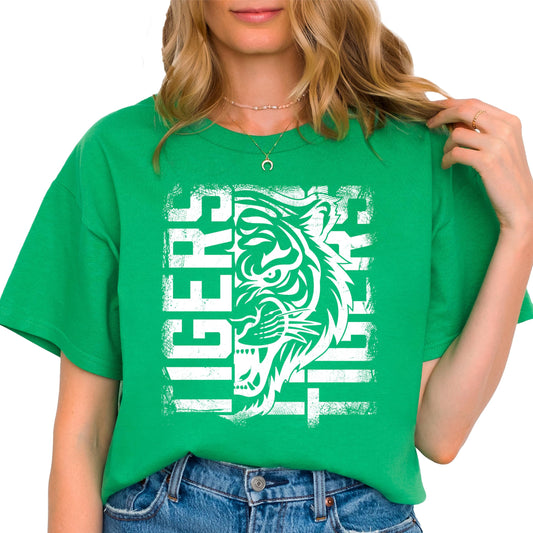 Close-up of Tigers vintage graphic print detail on soft cotton t-shirt