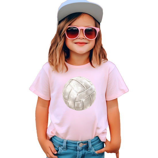 Girls faux glitter volleyball shirt laid flat showing full graphic print