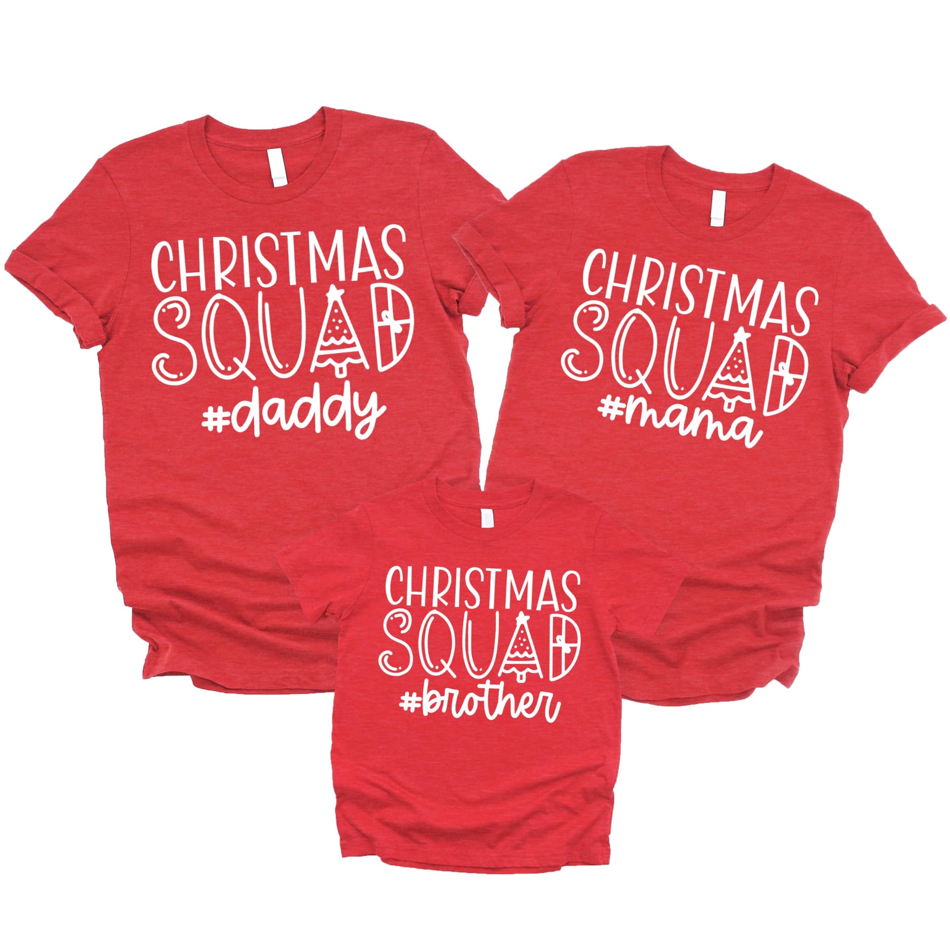 Close-up of Christmas Squad vintage red graphic print on matching family shirt