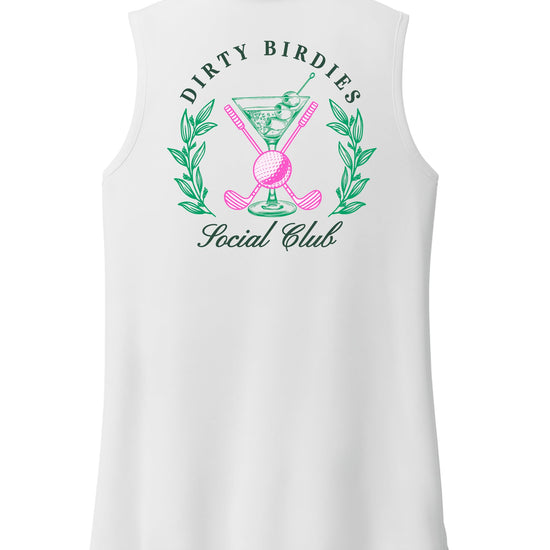 Flat lay of white Dirty Birdies Social Club sleeveless golf polo