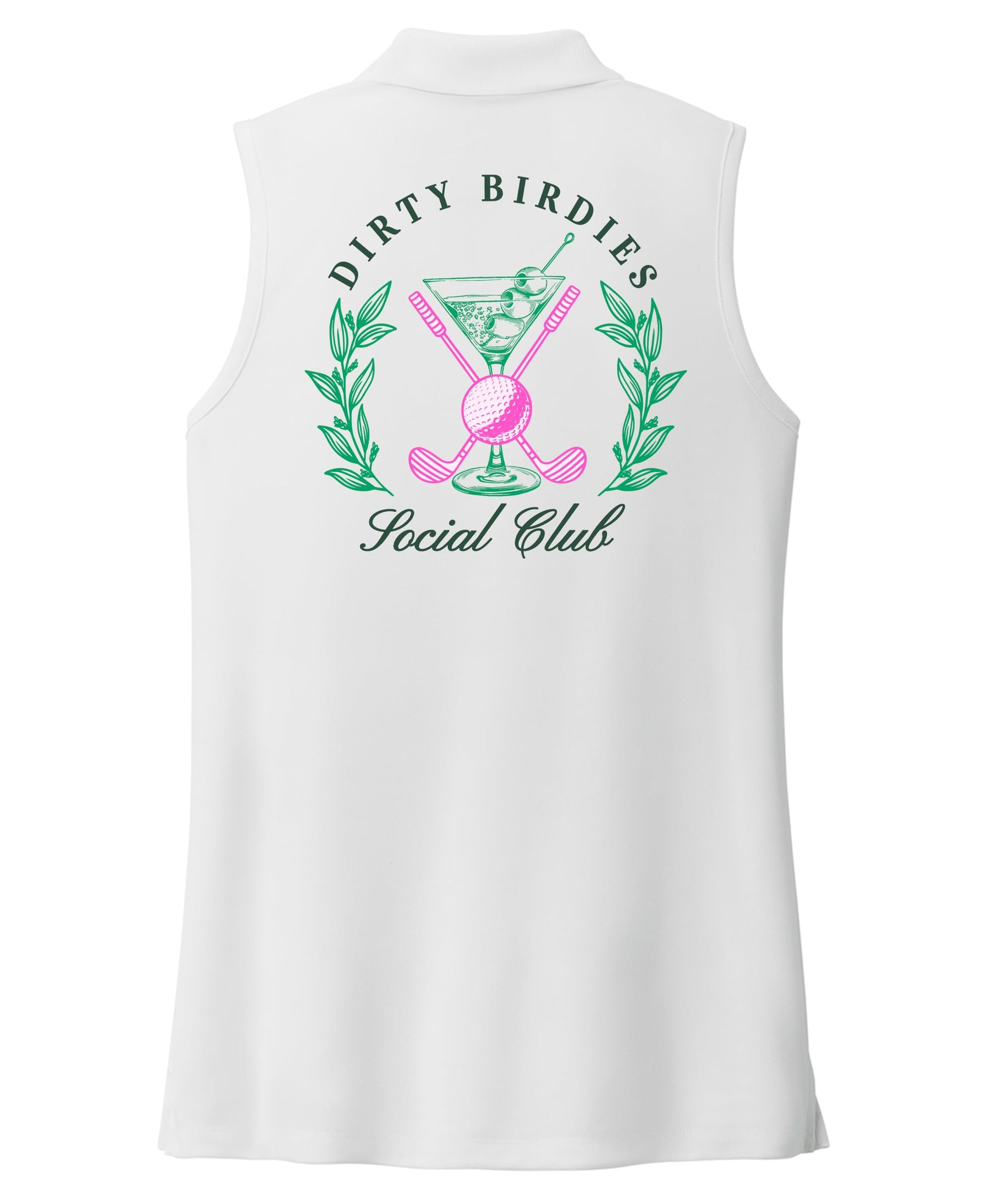Flat lay of white Dirty Birdies Social Club sleeveless golf polo