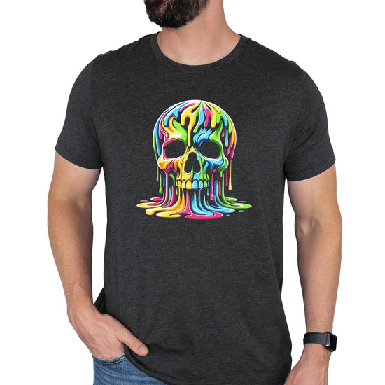 Full product view of men's black neon melting skull graphic tee by Olive Loves Apple