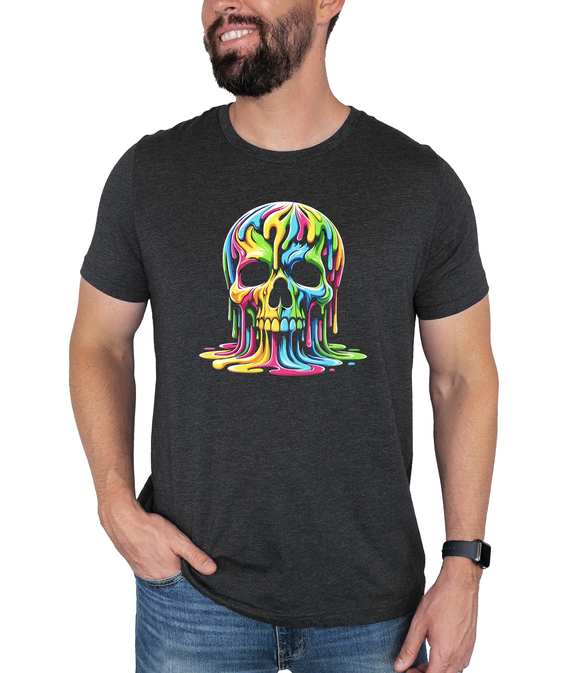 Full product view of men's black neon melting skull graphic tee by Olive Loves Apple