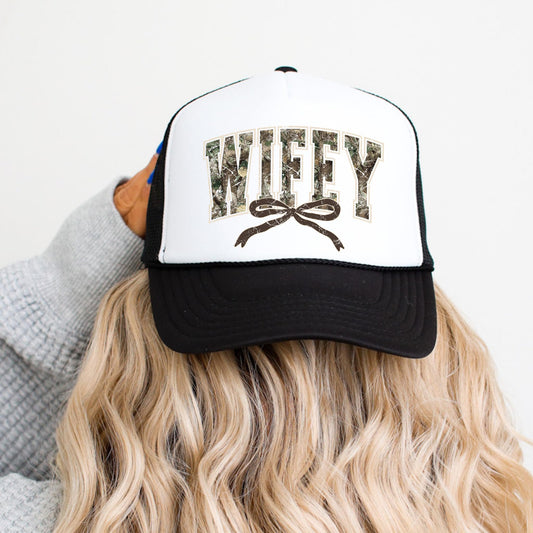 Wifey Camo Print and Bow Trucker Hat Camouflage Wife Classic 5 Panel Foam Front Mesh Snapback