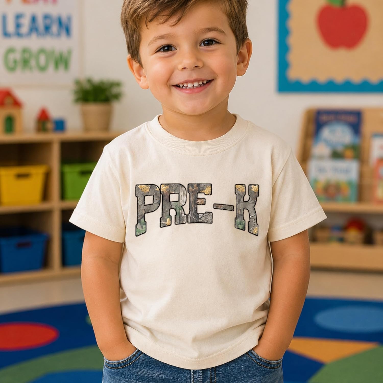 Toddler wearing Pre-K camo shirt, perfect for first day of preschool photo