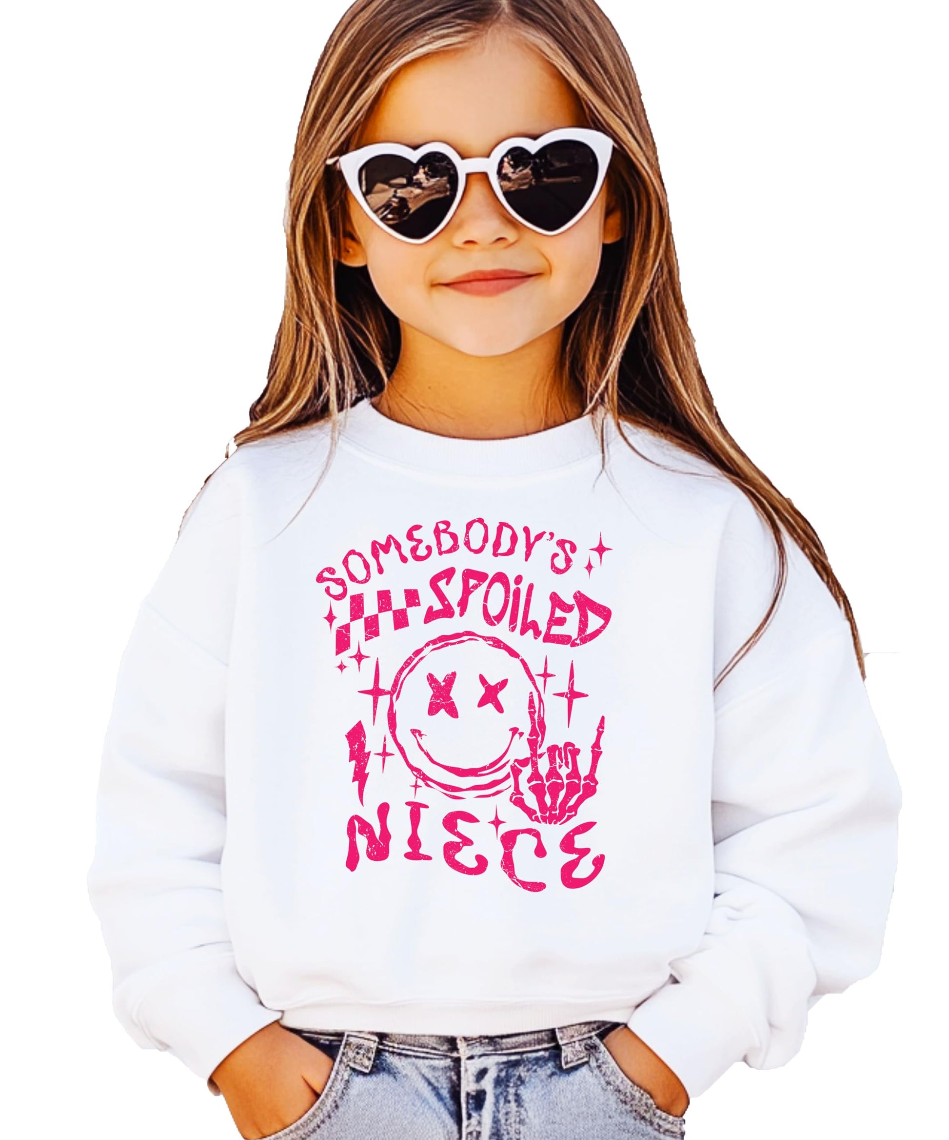 Close-up of Somebody's Spoiled Niece graphic print on pink crewneck sweatshirt for girls