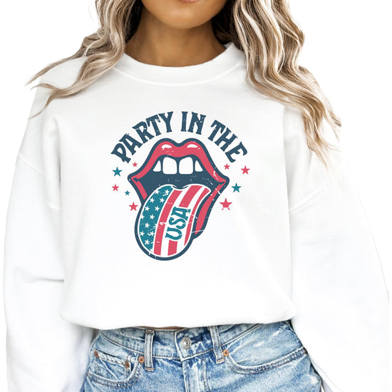 White crewneck sweatshirt with retro rock and roll tongue graphic in red, white, and blue USA flag design