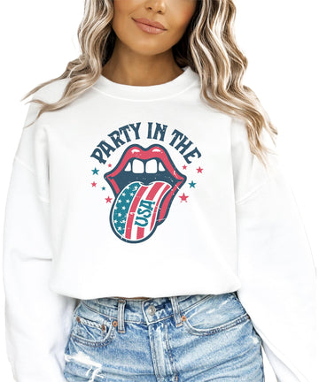 White crewneck sweatshirt with retro rock and roll tongue graphic in red, white, and blue USA flag design