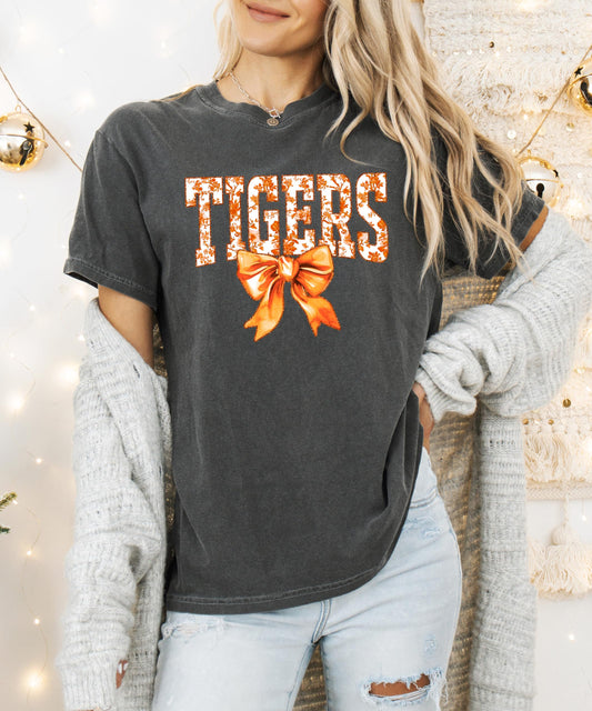 Tigers Bow Shirt for Women and Teens Orange Floral Style Tee