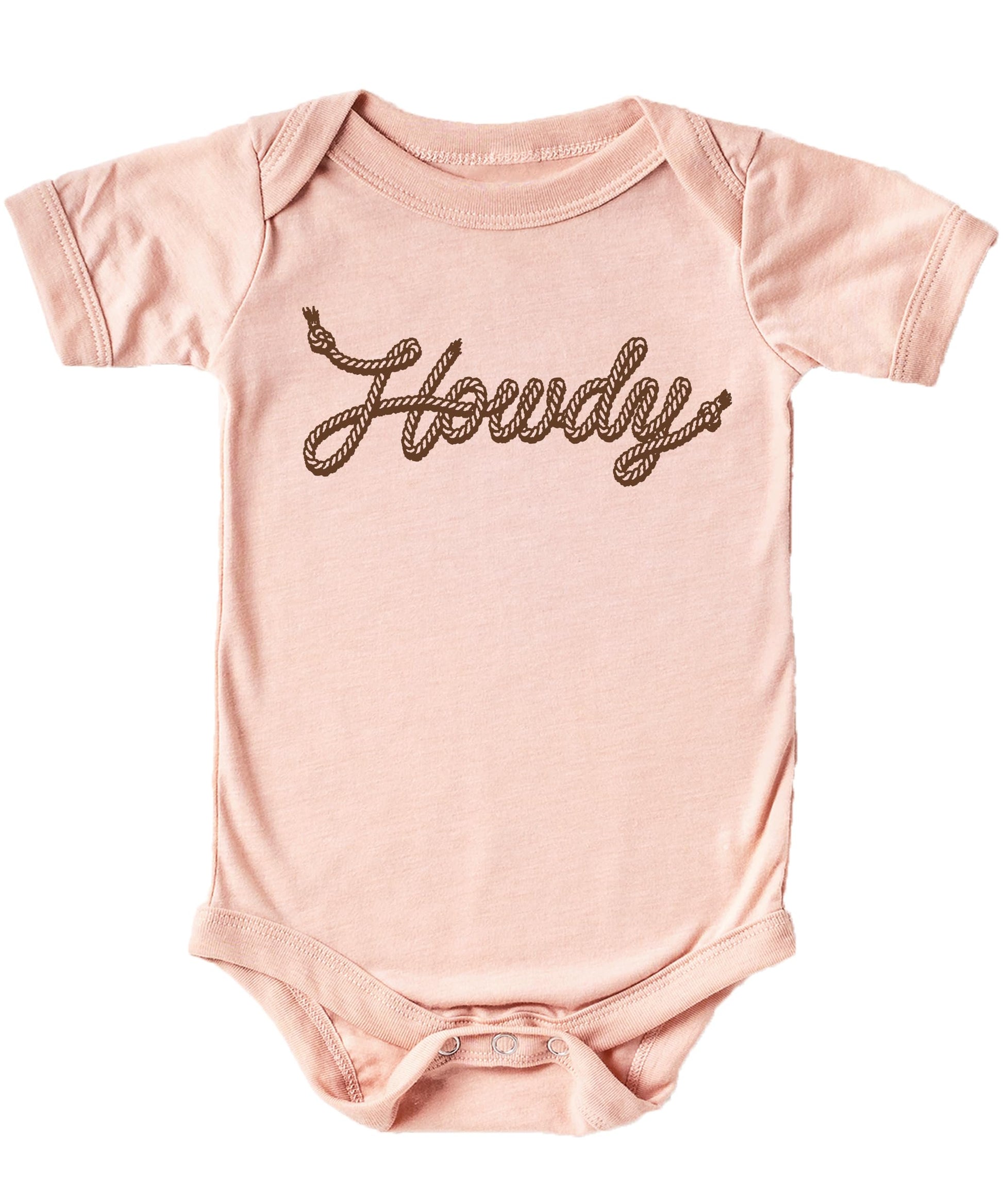 Close-up of Howdy rope script graphic on peach baby bodysuit, western-themed newborn outfit