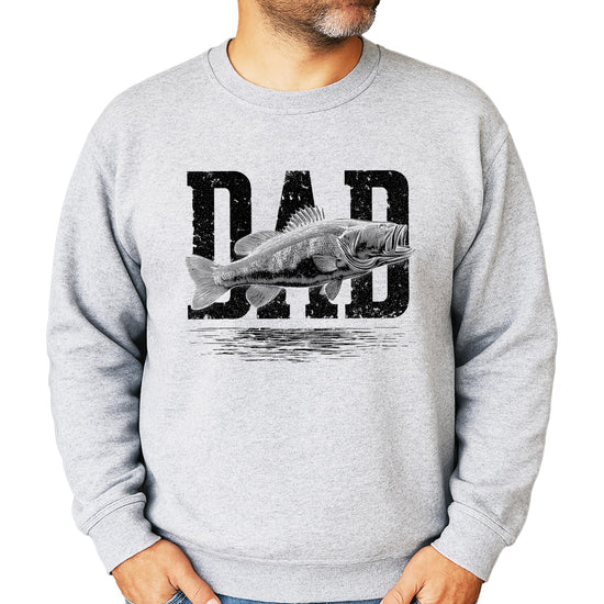 Close-up of distressed Dad Fish graphic print on white pullover sweatshirt