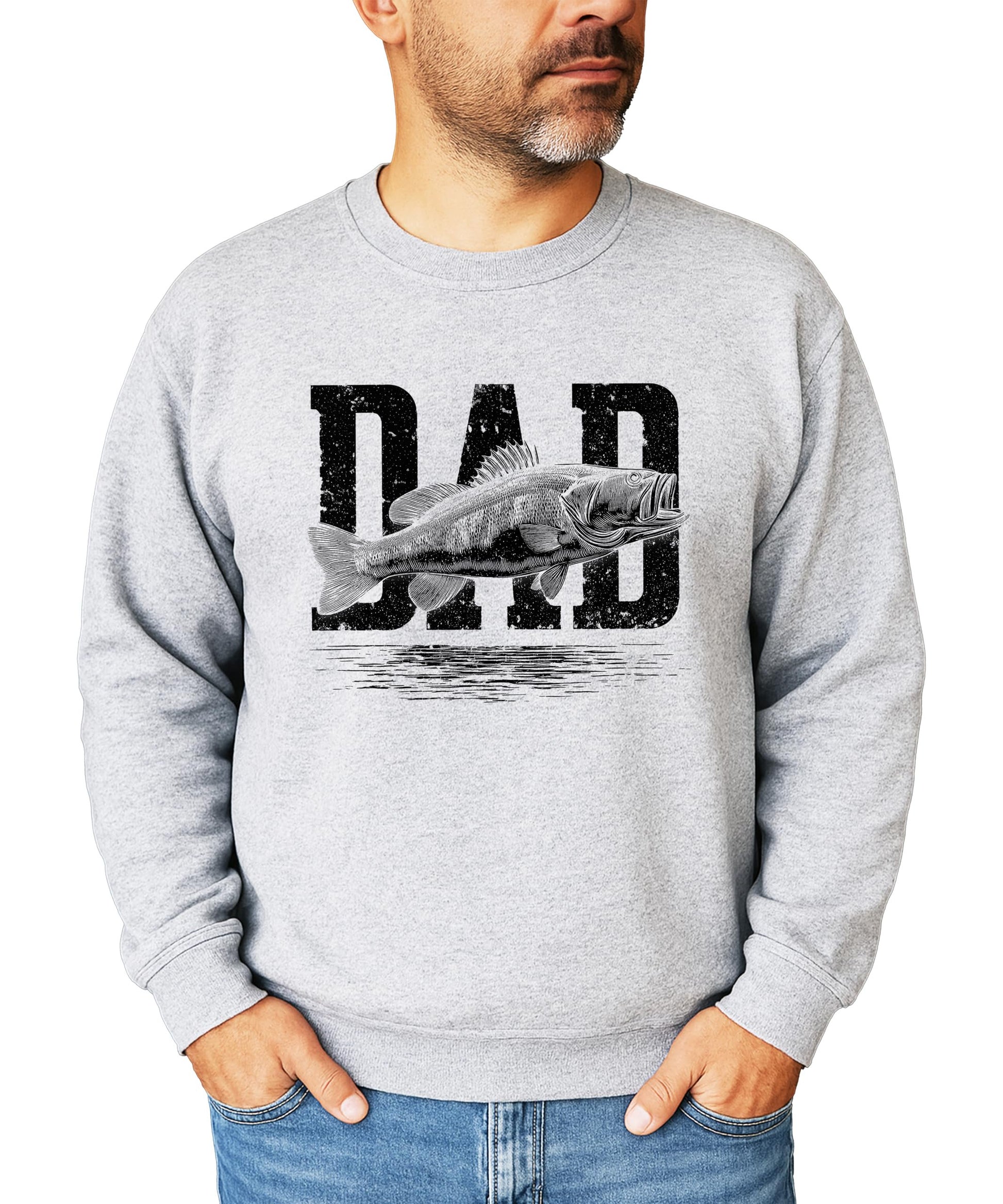 Close-up of distressed Dad Fish graphic print on white pullover sweatshirt