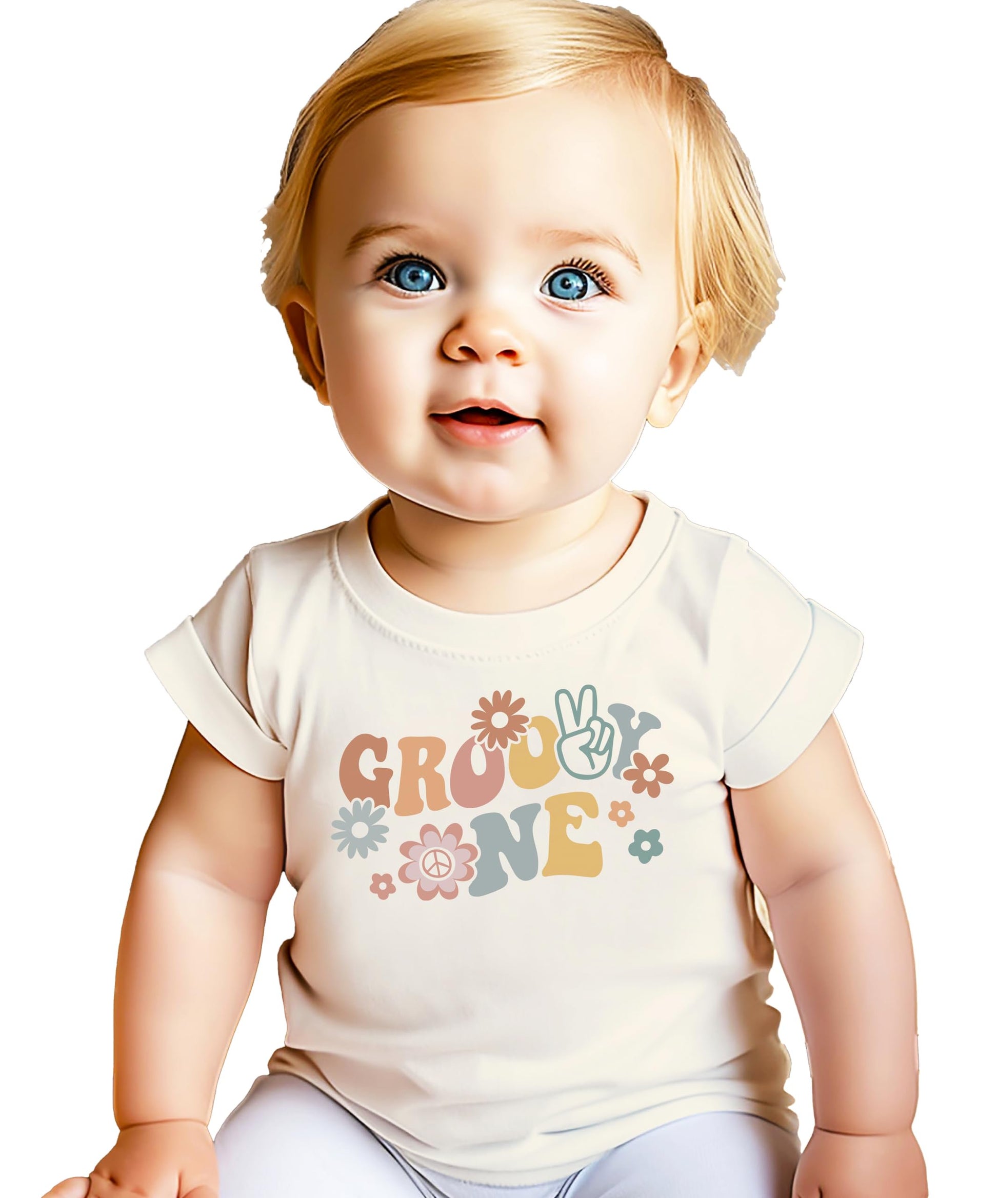 Baby girl wearing Groovy One first birthday shirt with retro daisy design