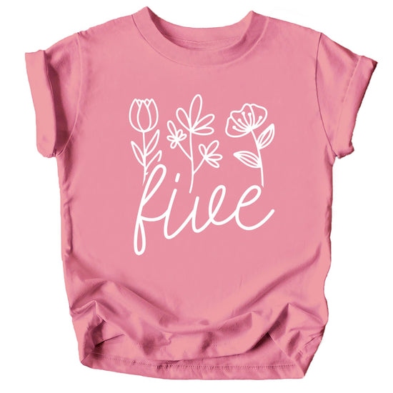 Flat lay of girls 5th birthday floral tee in military green with white graphic print