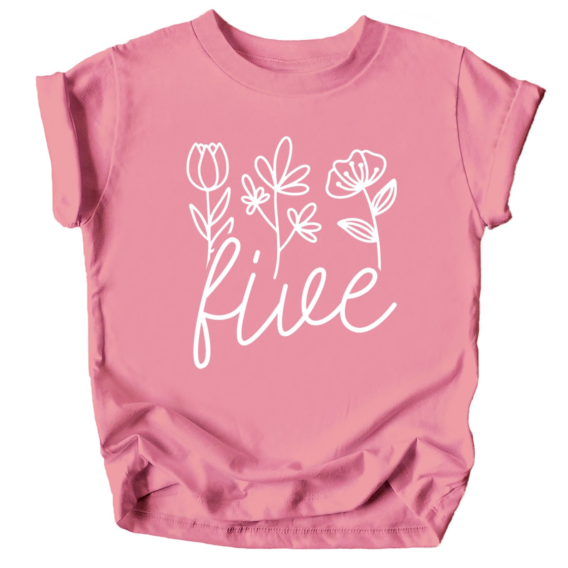 Flat lay of girls 5th birthday floral tee in military green with white graphic print