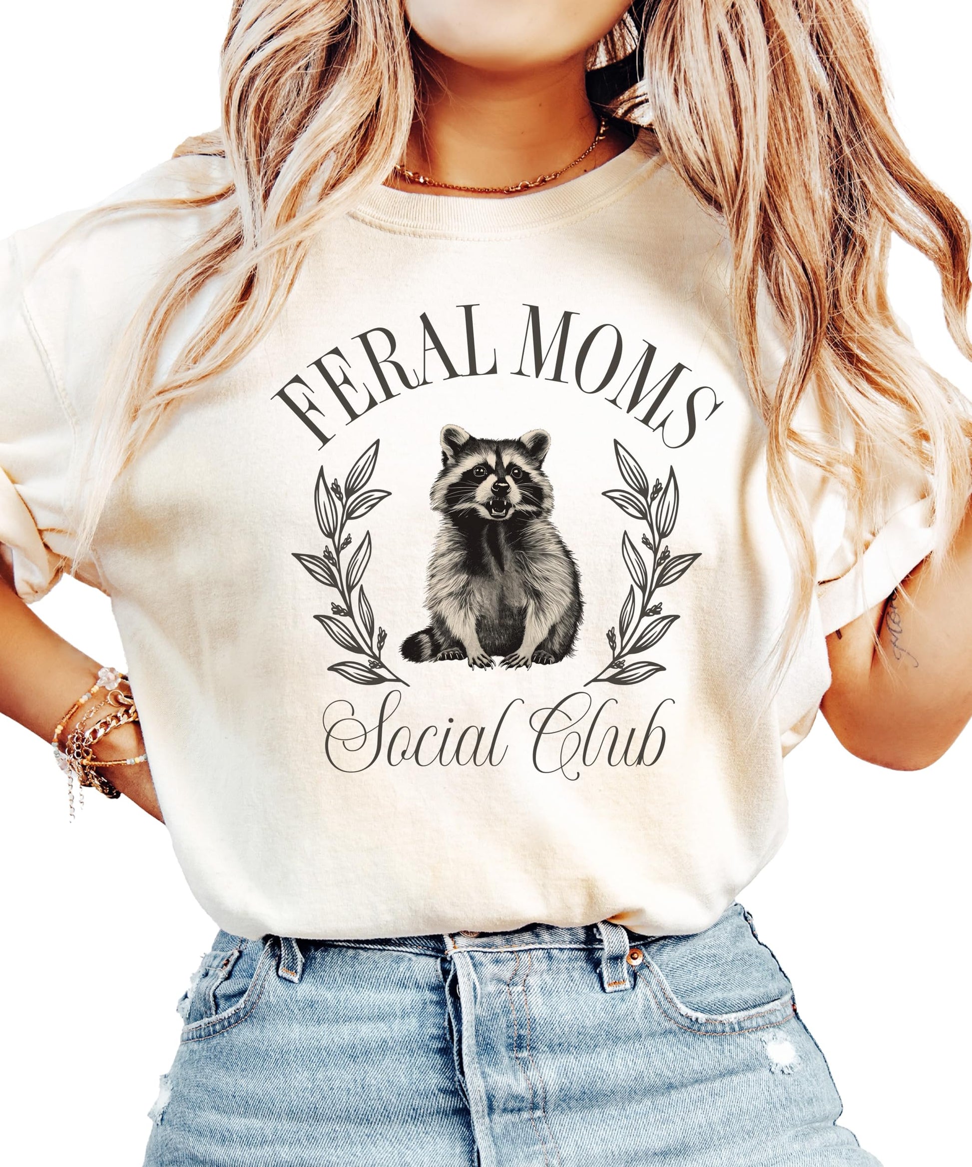 Back or side view of Feral Moms Social Club oversized ivory graphic tee for women