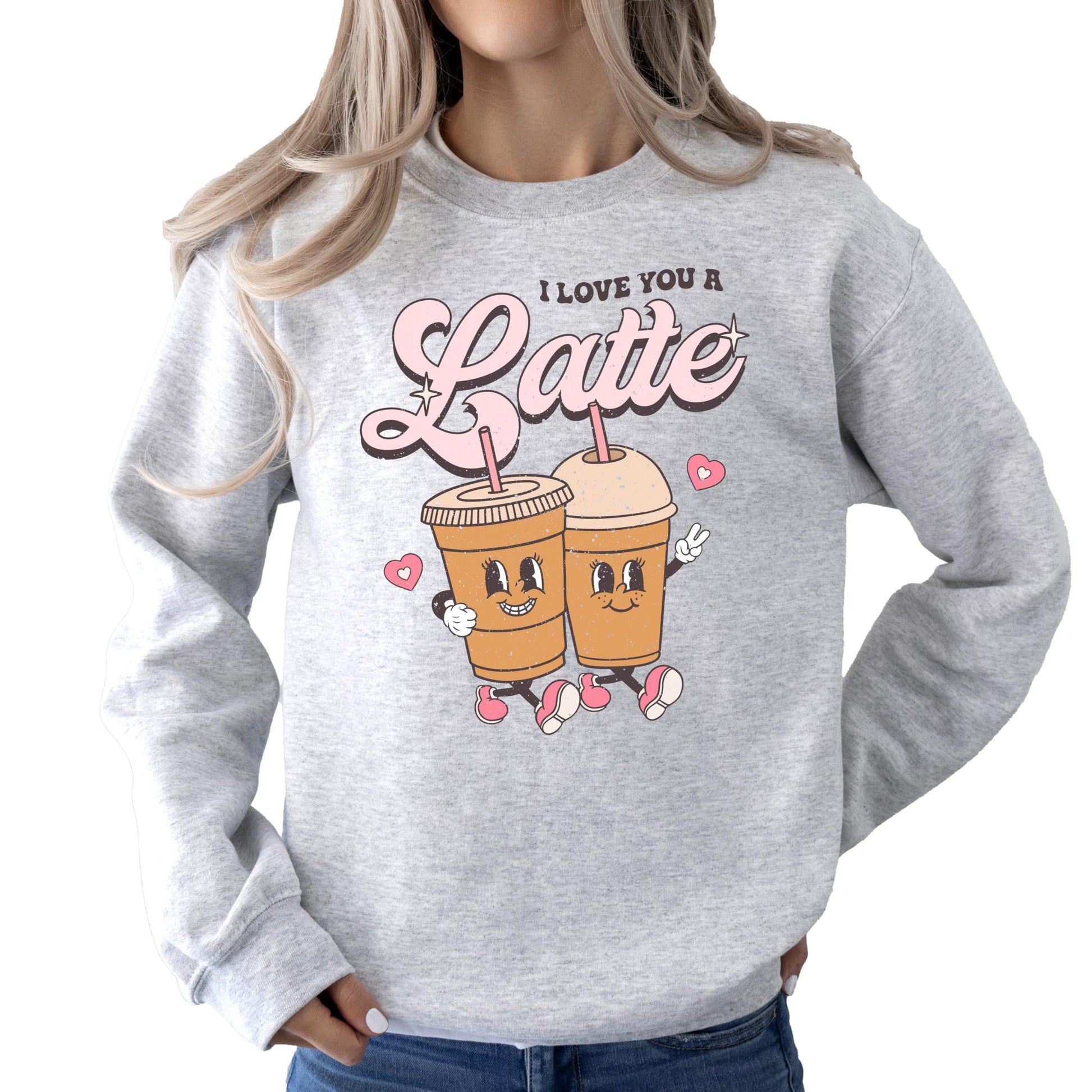 Gray sweatshirt with 'I Love You A Latte' funny Valentine's Day graphic print for adults