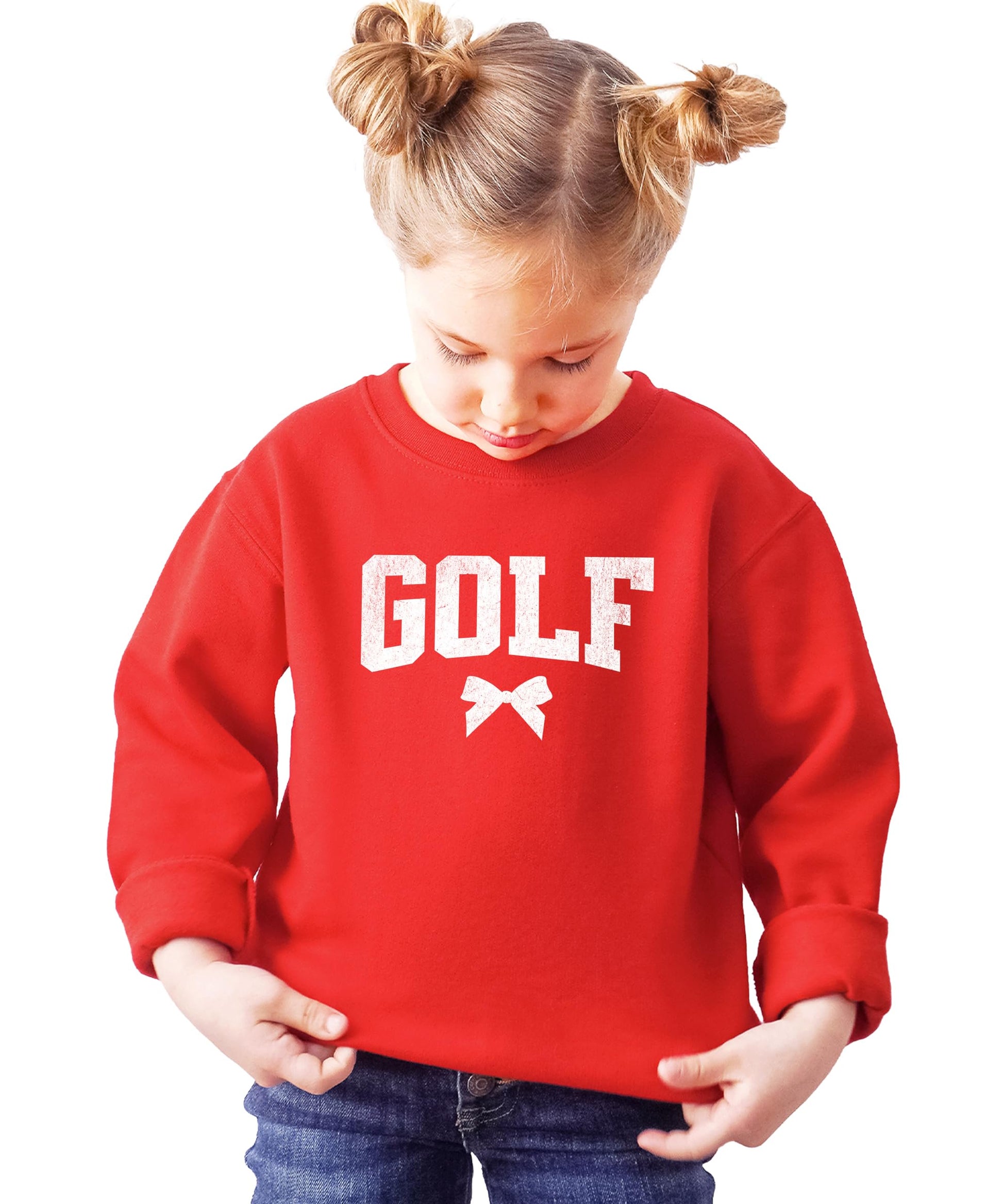 Lifestyle or detail shot of trendy coquette bow golf sweatshirt in red