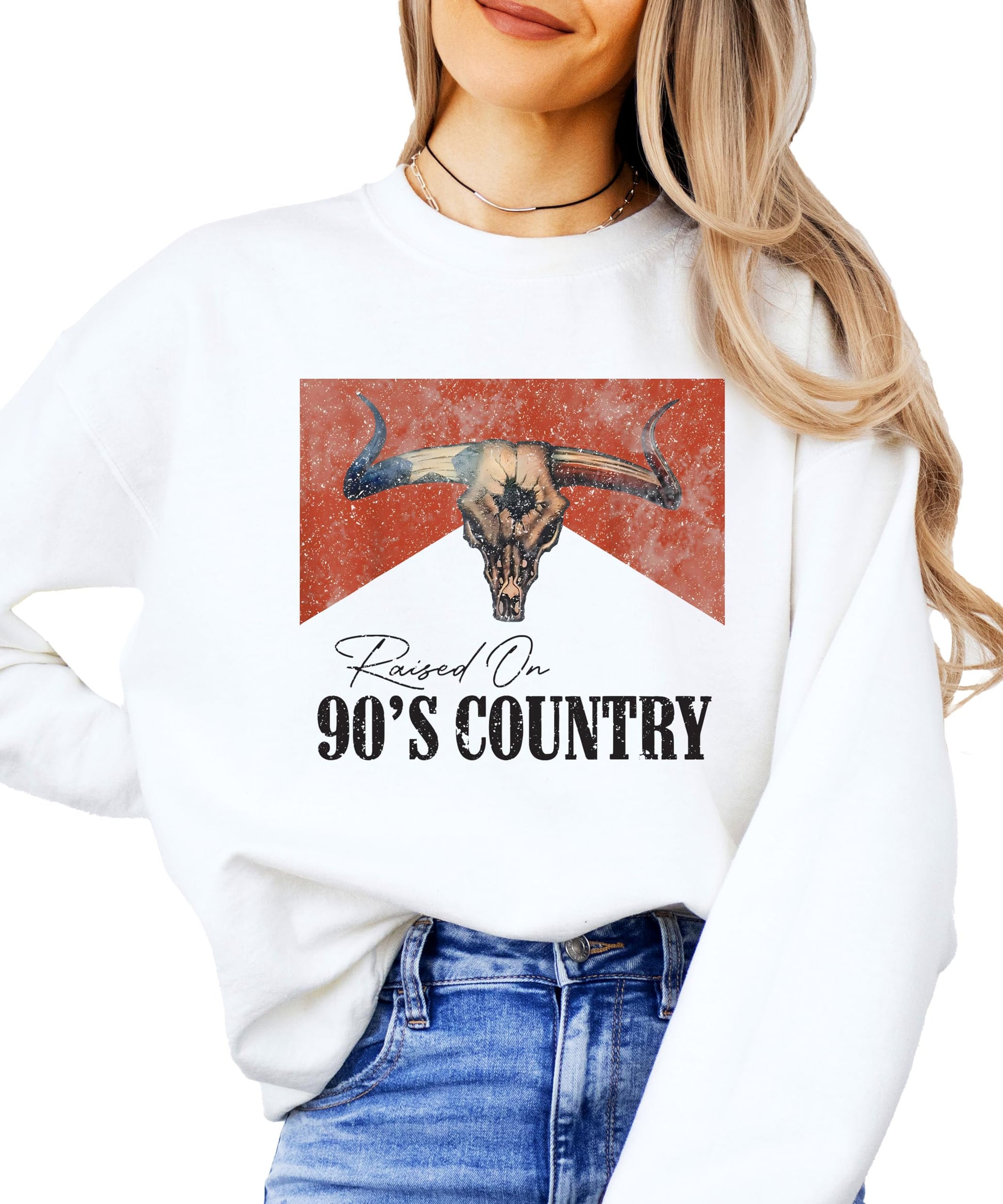 Lifestyle shot of person wearing Raised On 90s Country vintage western sweatshirt