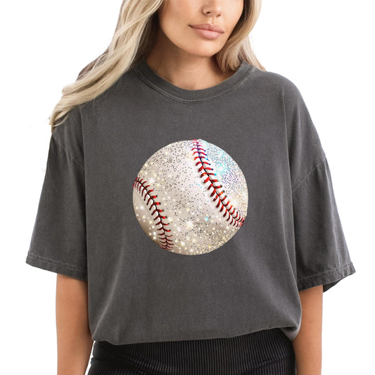 Close-up of glitter baseball print detail on seafoam oversized women's tee