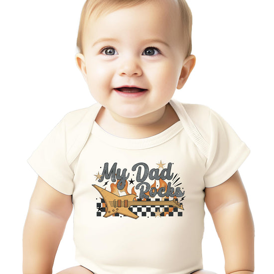 Detail shot of soft fabric and print quality on My Dad Rocks baby bodysuit