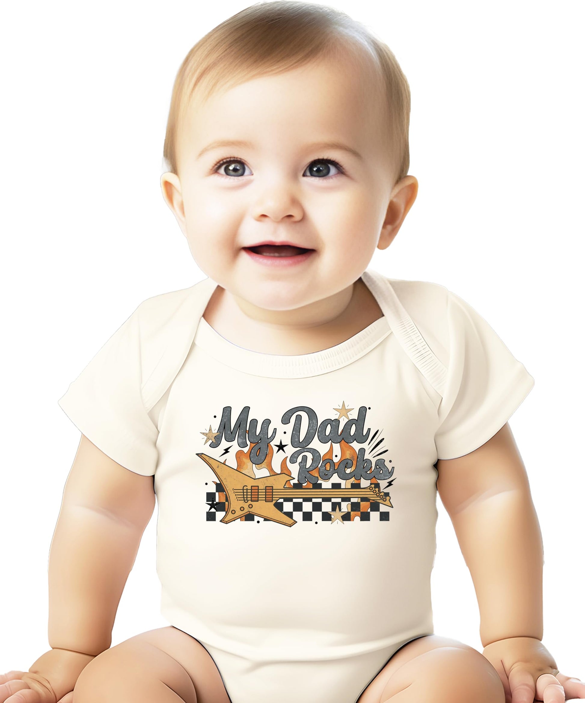 Detail shot of soft fabric and print quality on My Dad Rocks baby bodysuit