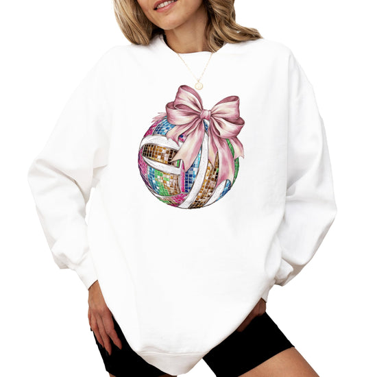 Close-up of disco volleyball coquette bow graphic print on gray sweatshirt