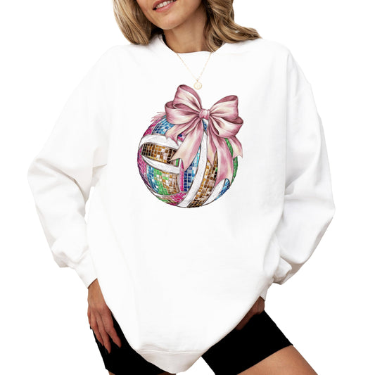 Close-up of disco volleyball coquette bow graphic print on gray sweatshirt