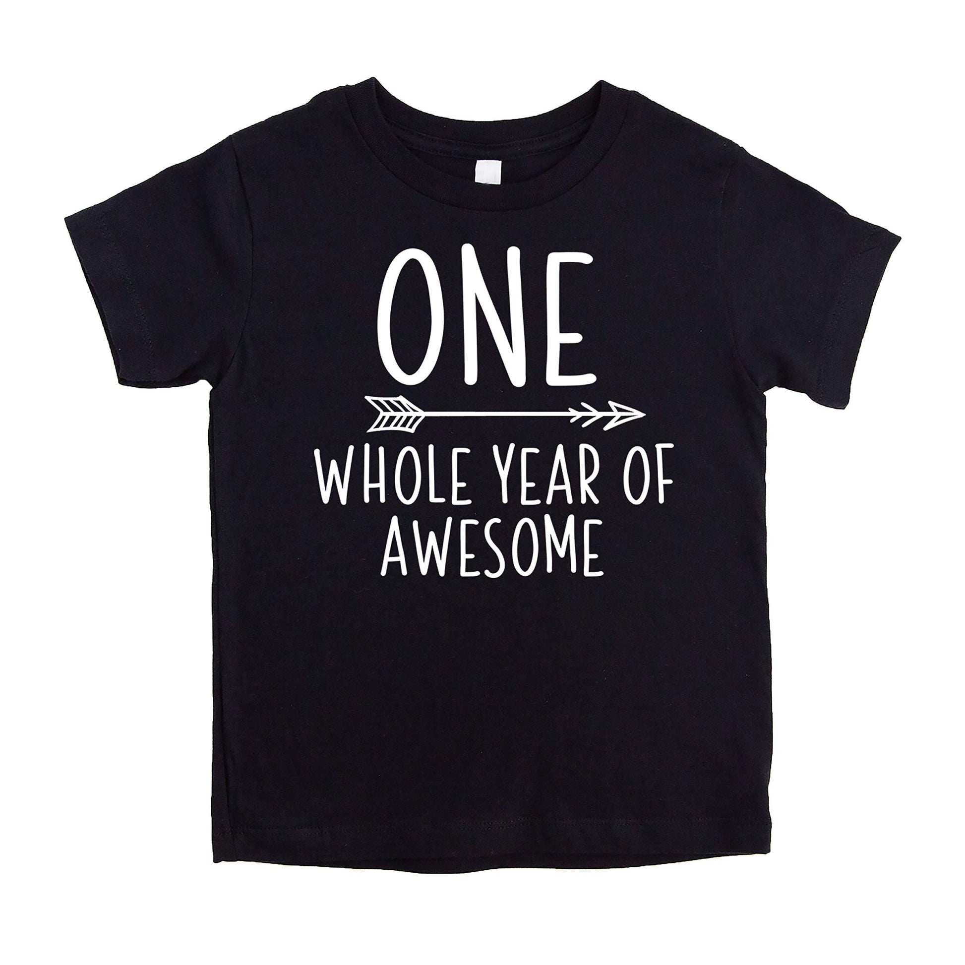 Toddler boy wearing One Whole Year of Awesome graphic birthday shirt in heather gray