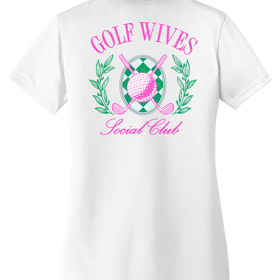 Golf Wives Social Club polo shirt detail showing high quality print and fabric texture