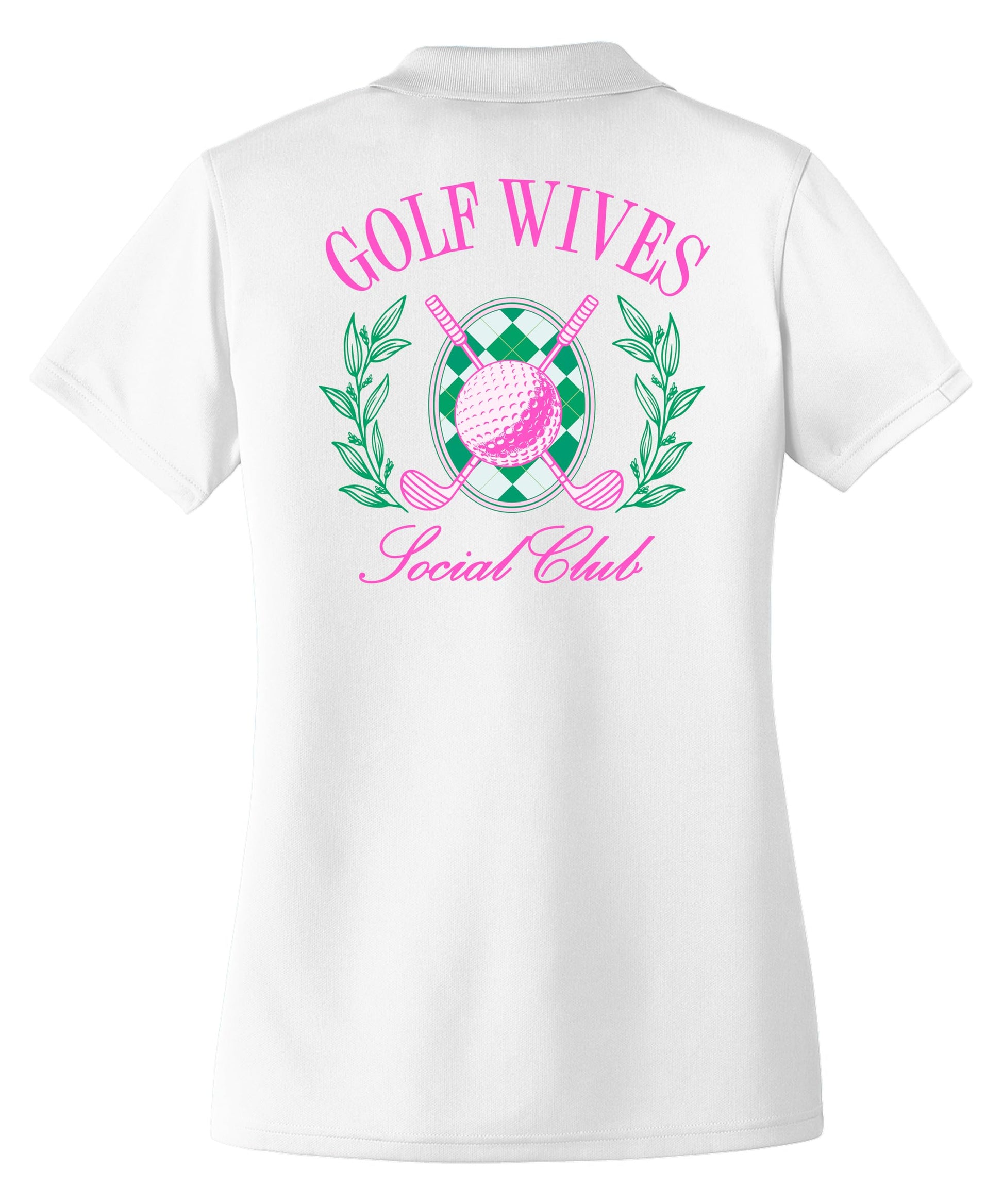 Golf Wives Social Club polo shirt detail showing high quality print and fabric texture