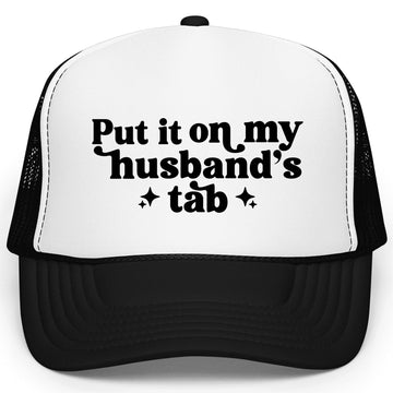 Put it on My Husband's Tab Women's Funny Classic 5 Panel Mesh Snap Back Trucker Hat