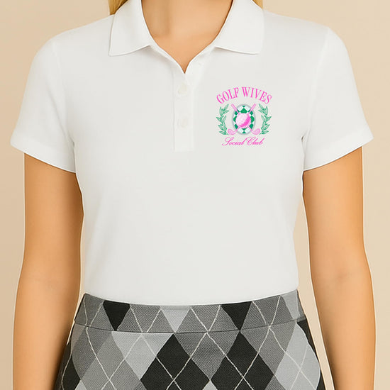 Woman wearing Golf Wives Social Club sleeveless polo shirt, athletic golf wife style