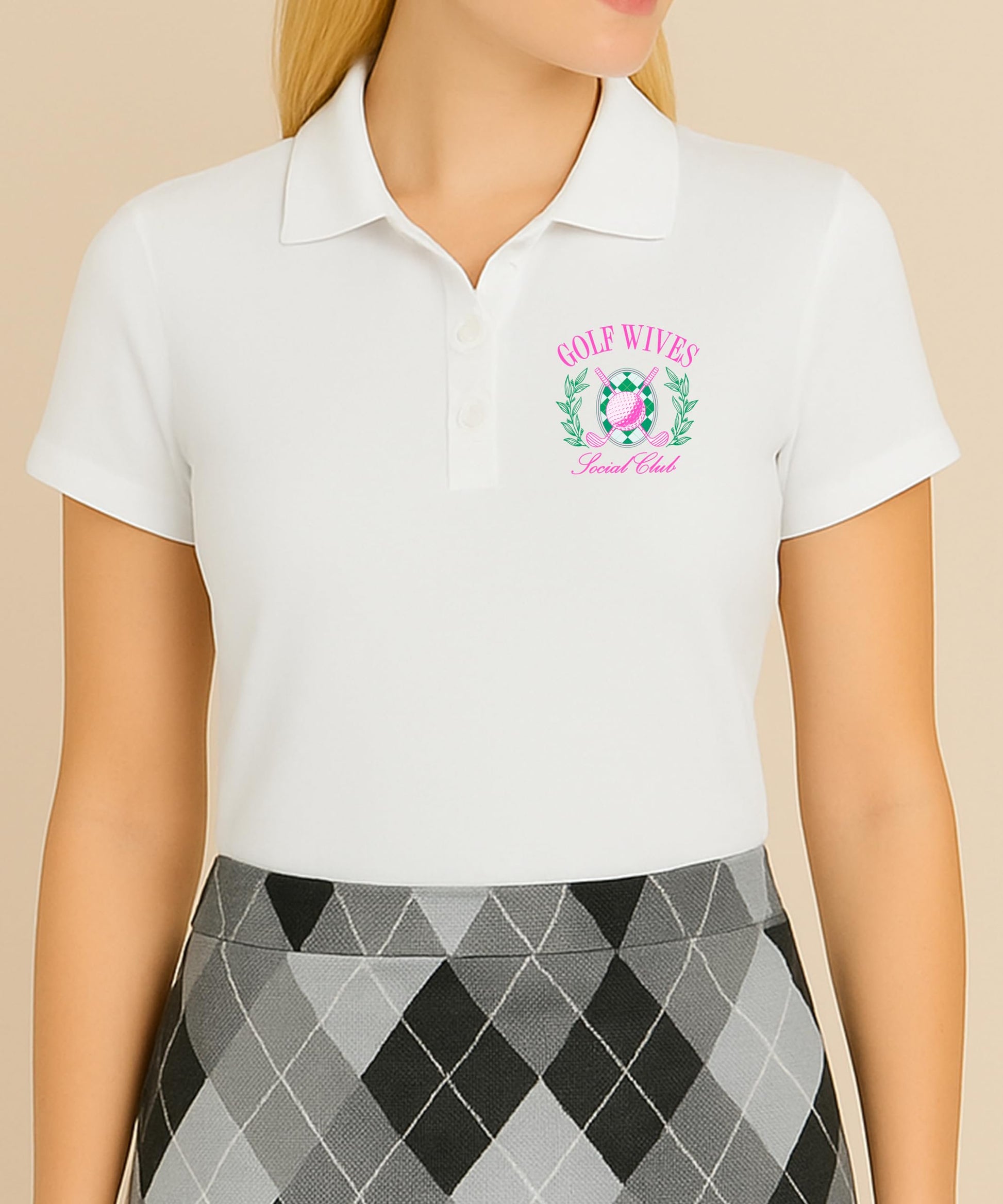 Woman wearing Golf Wives Social Club sleeveless polo shirt, athletic golf wife style