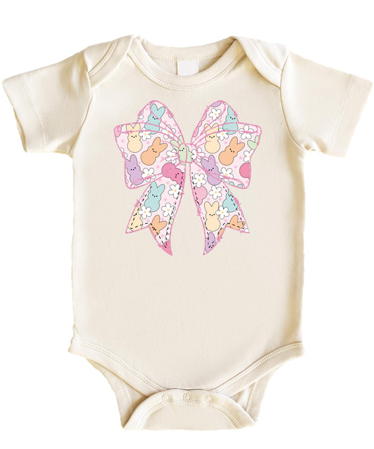 Pastel Easter bow bodysuit with bunnies and flowers design for baby girls