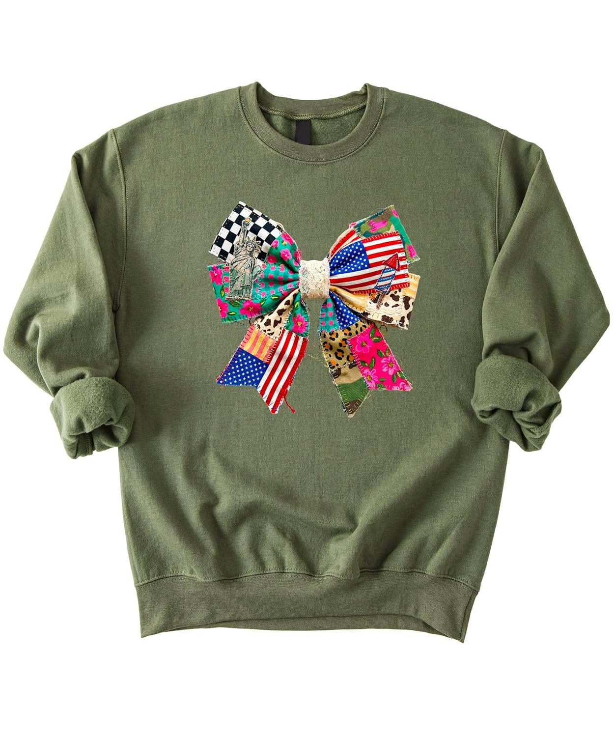 White crewneck sweatshirt with ink-printed patriotic ribbon bow featuring stars, stripes, florals, and Americana patchwork design