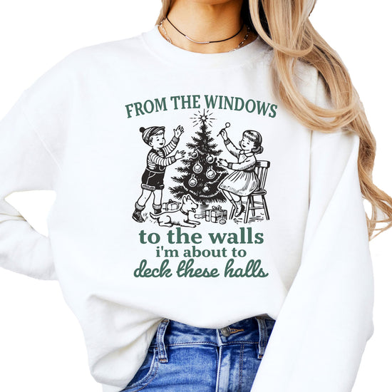 Front view of unisex gray Deck These Halls Christmas sweatshirt laid flat on neutral background