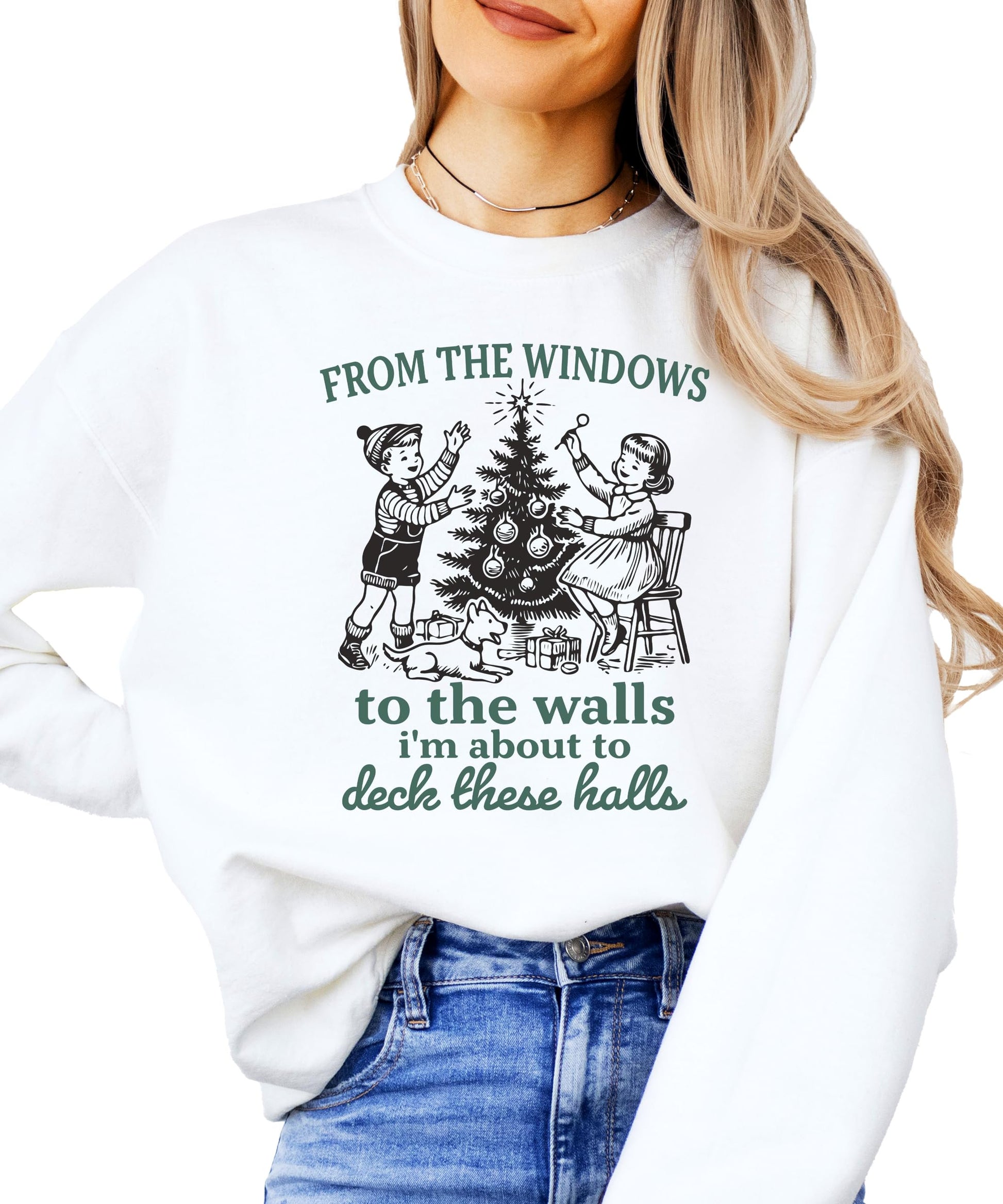 Front view of unisex gray Deck These Halls Christmas sweatshirt laid flat on neutral background